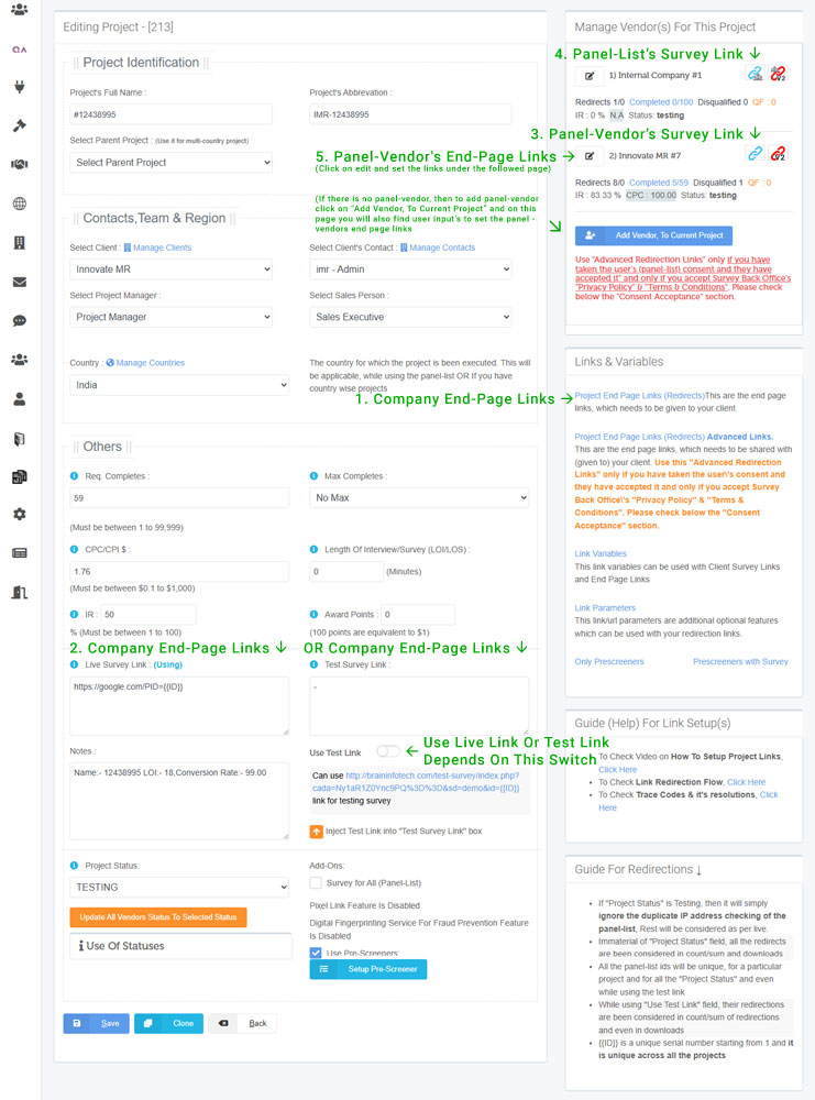Survey Back Office Links